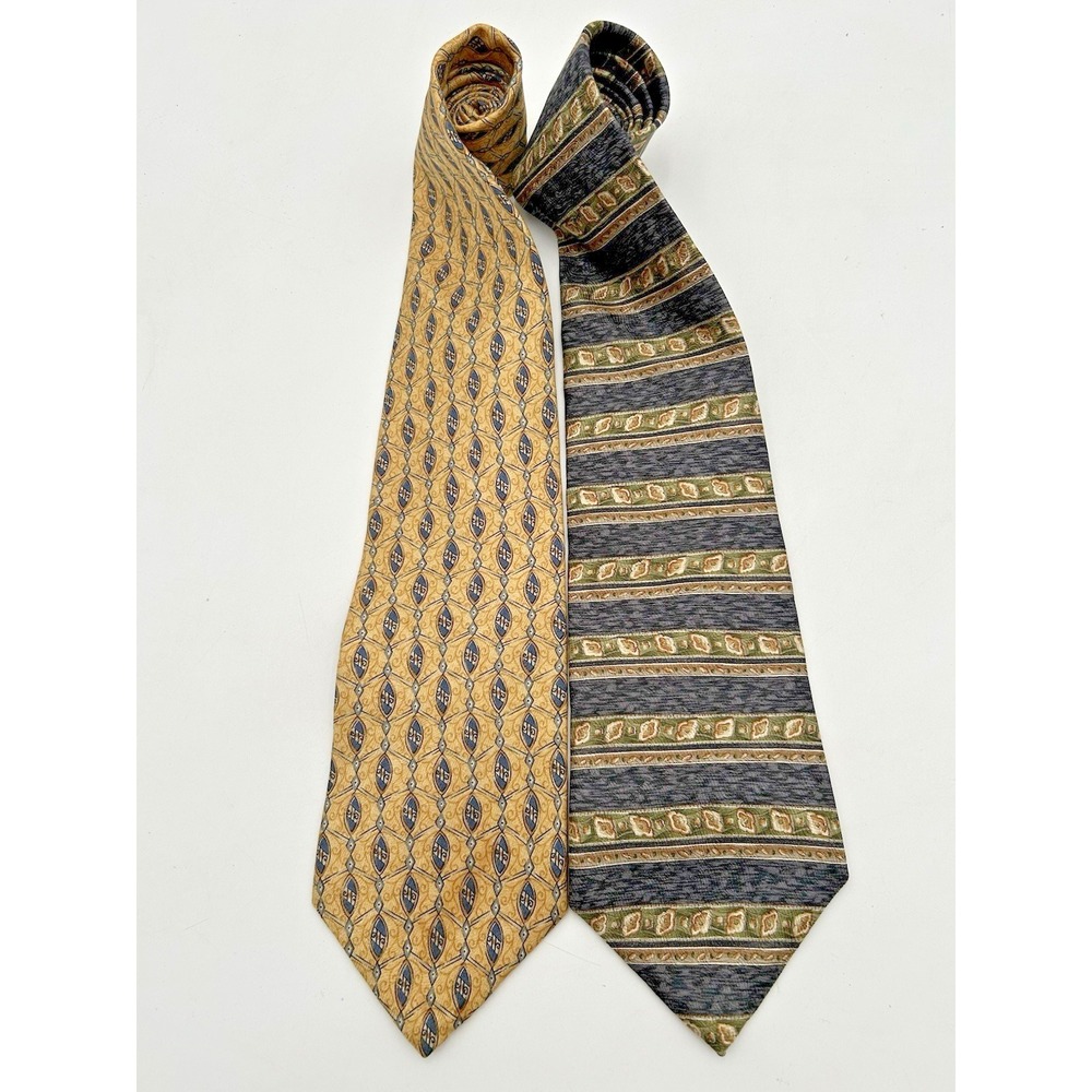 Lot of 2 Puritan Silk Neckties Gold Geometric Mens Classic Ties Made In USA